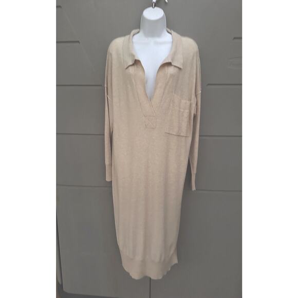 FREE PEOPLE Dana Cashmere Wool Luxe Ivory Beige Slit Polo Midi Sweater Dress XS - Picture 3 of 16